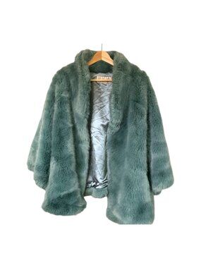 Donna Salyers Fabulous-Furs Teal Faux Fur Coat XL 3/4 Sleeves Dopamine Y2K